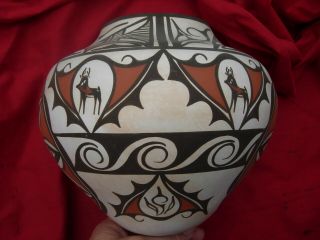 Large Zuni Nm Olla American Indian Pottery Jar Polychrome Deer Heart Vines