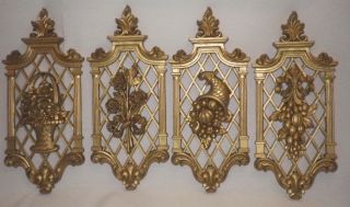 Vtg 71 Four Seasons Gold Wall Decor Plaques Hollywood Regency Dart Ind.  4 Pc Set