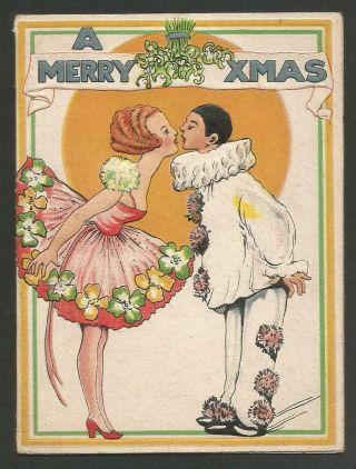 W44 - Pierrot And Columbine Kiss Under Mistletoe - Vintage Embossed Xmas Card