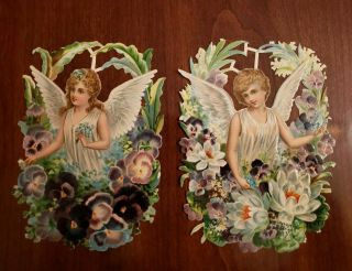 2 Antique Victorian Angels Paper Scrap Die - Cut Embossed 6.  5 " H