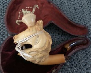 Antique Meerschaum Carved Horse Head Pipe With Amber Tip & Case