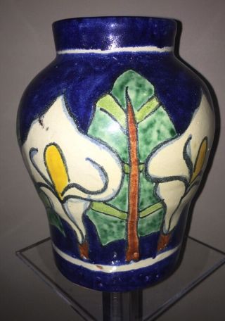 Signed M Mora H En Mexico Floral Mexican Pottery Vase Blue Green Yellow