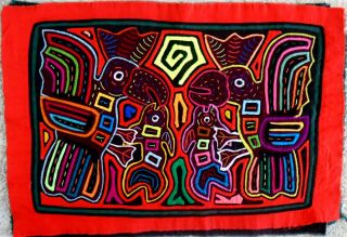 Kuna Indian Art.  Hand Stitch.  Birds Fishing - 2009.  Mola Art Of Panama.