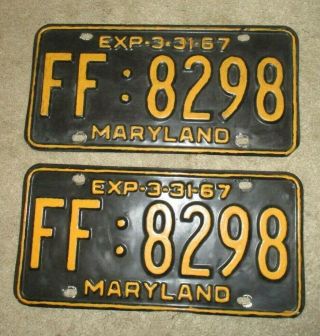 Pair 1967 Maryland License Plates Ff 8298