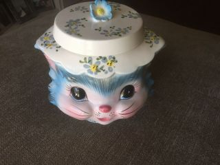 Vintage Lefton Miss Priss Cat Head Cookie Jar - Blue Flowers - 1502 - With Tag