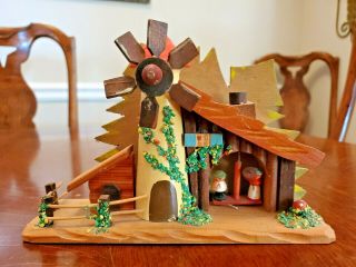 Vintage Wood Folk Art Weather House Indicator Chalet With Windmill Made In Italy
