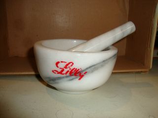 Vintage Mortar And Pestle From Eli Lilly White Marble With Red Logo Druggist Rx