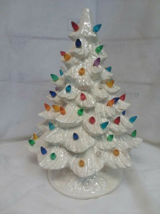 Vintage White Ceramic Holiday Lighted Christmas Tree 13 " H X 10 " W W/base