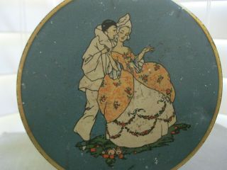 Antique Art Deco Pierrot Lady Lovers Powder Box Tin Perfume French Roses Cameos