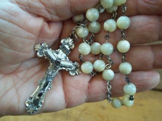 Antique Catholic Rosary Sterling Silver And Mother Of Pearl - 24 "