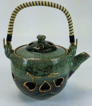 Vintage Ornate Ceramic Glazed Made In Japan Teapot With Wicker Handle