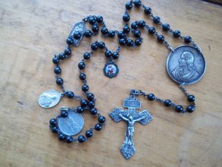 Antique Sterling Silver Black Onyx Bead Rosary 17 1/2 " - St John Baptist
