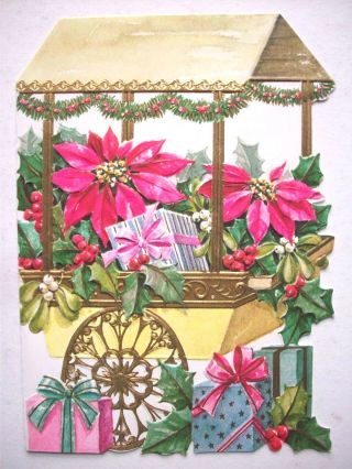 Garden Cart Of Poinsettia Christmas Vintage Greeting Card L