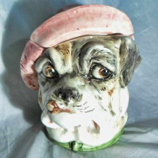 Antique Majolica Figural Bulldog Tobacco Jar Cigar Pink Hat Green Collar
