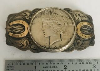 Early Southwestern Sterling Silver Peace Dollar 14k Gold Horseshoes Belt Buckle