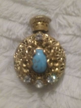 Vintage Cobalt Blue With Gold Overlay Mini Perfume Bottle.  Peice