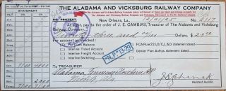 Alabama & Vicksburg Railway Co.  1925 Bank Check/cheque - Railroad