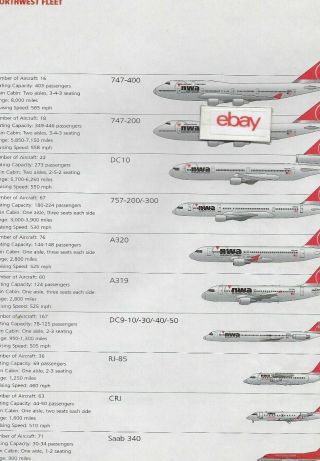 Nwa Northwest Airlines Fleet Chart 747 - 400 To Saab 340 Art 2003 Last Livery