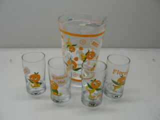 Rare Disney Parks Orange Birds Glass Pitcher W/ 4 Glasses Set Florida Made Usa