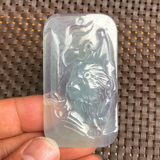 Chinese Rare Collectible White Ice Jadeite Jade Handwork Lion & Buddha Pendant