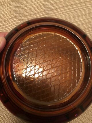 2 Vintage Amber Glass Ashtrays Heavy Glass 6” & 8” Round W/ Diamond Pattern Base 4