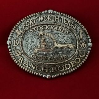 Rodeo Trophy Buckle 1996 Fort Worth Texas Cow Camp Champion Hand Engraved150