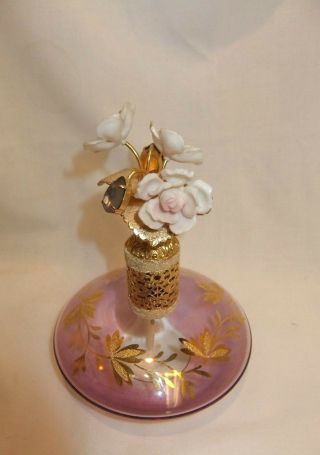 Vintage Purple Blown Glass Perfume Atomizer W/jeweled Rose Bouquet Cap