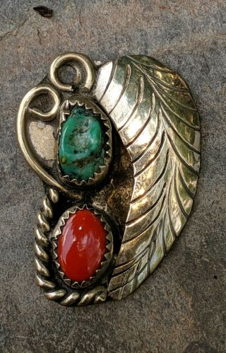 Vintage Navajo 925 Sterling Silver Turquoise Coral Pendant
