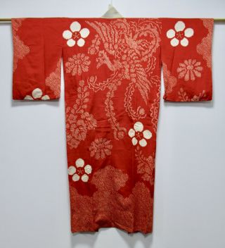 Japanese Kimono Silk Antique Juban / Red / Shibori / Phoenix / Silk Fabric /145