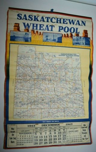 Antique 1943 Saskatchewan Wheat Pool Elevator Map Calendar Ww2 Grain Farm