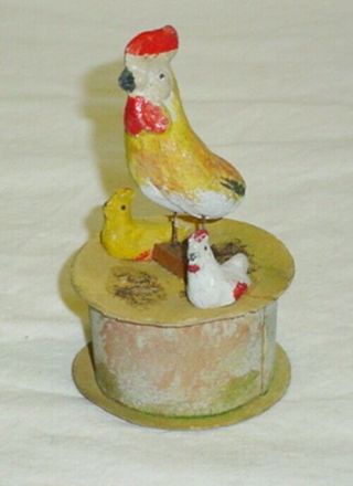Antique German Papier Paper Mache Rooster & Hens Candy Container