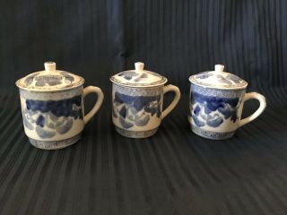 3 Vintage White & Blue Porcelain Butterflies Tea Cup - Mug With Lid Made In China