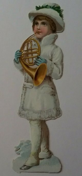 Lge Antique Emboss.  Victorian Scrap.  Snow Girl Playing A Horn.  17x6cms.