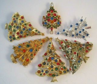 6 Vintage Rhinestone Christmas Tree Pins Brooches Signed Art Warner