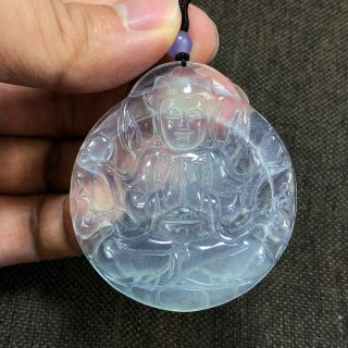 Chinese Rare White Ice Jadeite Jade 4 Arms Sun Moon Kwan - Yin Handwork Pendant