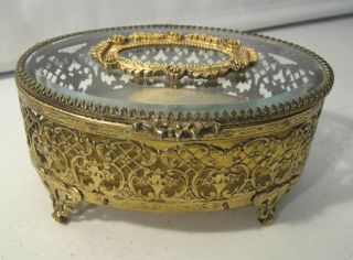 Ormolu Beveled Glass Jewelry Casket Box Antique Steeple Shape Hollywood Regency