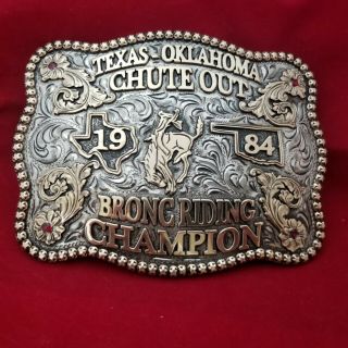 Rodeo Trophy Buckle 1984 Oklahoma Texas Chuteout Bronc Rider Champion Cowboy 302