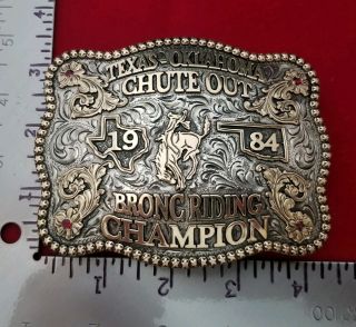 RODEO TROPHY BUCKLE 1984 OKLAHOMA TEXAS CHUTEOUT BRONC RIDER CHAMPION COWBOY 302 3