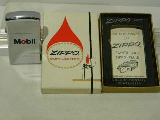 1966 Mobil Oil Zippo Slim Lighter Nib / Unfired Chrome High Polish