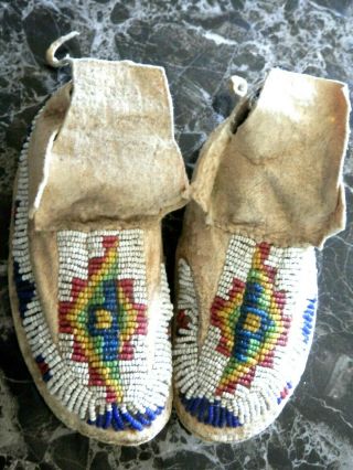 1890s Pair Native American Sioux Indian Bead Decorated Infant Hide Moccasins