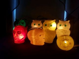 Vtg Halloween Blow Mold Light Up SKULL DEVIL OWL String Lights Tiki RV Camping 3