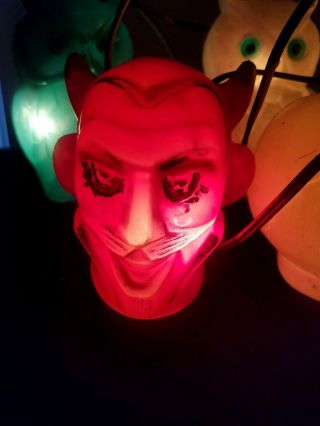Vtg Halloween Blow Mold Light Up SKULL DEVIL OWL String Lights Tiki RV Camping 4