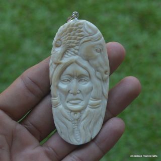 Eagle Horse Indian Carved 75mm In Buffalo Bone Carving Pendant W/ Silver Cp846