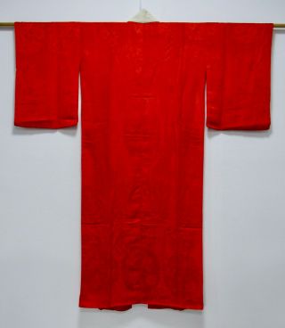 Japanese Kimono Silk Antique Juban / Red / Flower / Silk Kinsha Fabric /288