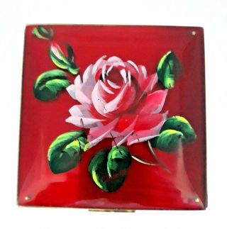 Vintage Rex Fifth Avenue Vivid Red Lucite Compact With Hand Painted Pink Rose.
