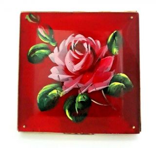 Vintage Rex Fifth Avenue Vivid Red Lucite Compact with Hand Painted Pink Rose. 3