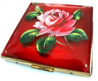 Vintage Rex Fifth Avenue Vivid Red Lucite Compact with Hand Painted Pink Rose. 4