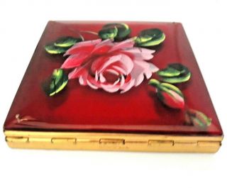 Vintage Rex Fifth Avenue Vivid Red Lucite Compact with Hand Painted Pink Rose. 6