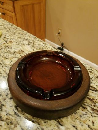 Vintage Large Round Amber Glass Ashtray In Wood Base 8 1/2 " Wide