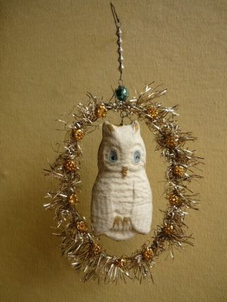 Vtg.  Papier Owl Christmas Tree Ornament In Tinsel Round